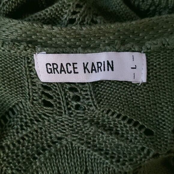 Hollow Out Knit Long Cardigan Sweater L Green Lightweight Fairy Feminine Crochet - Picture 4 of 6